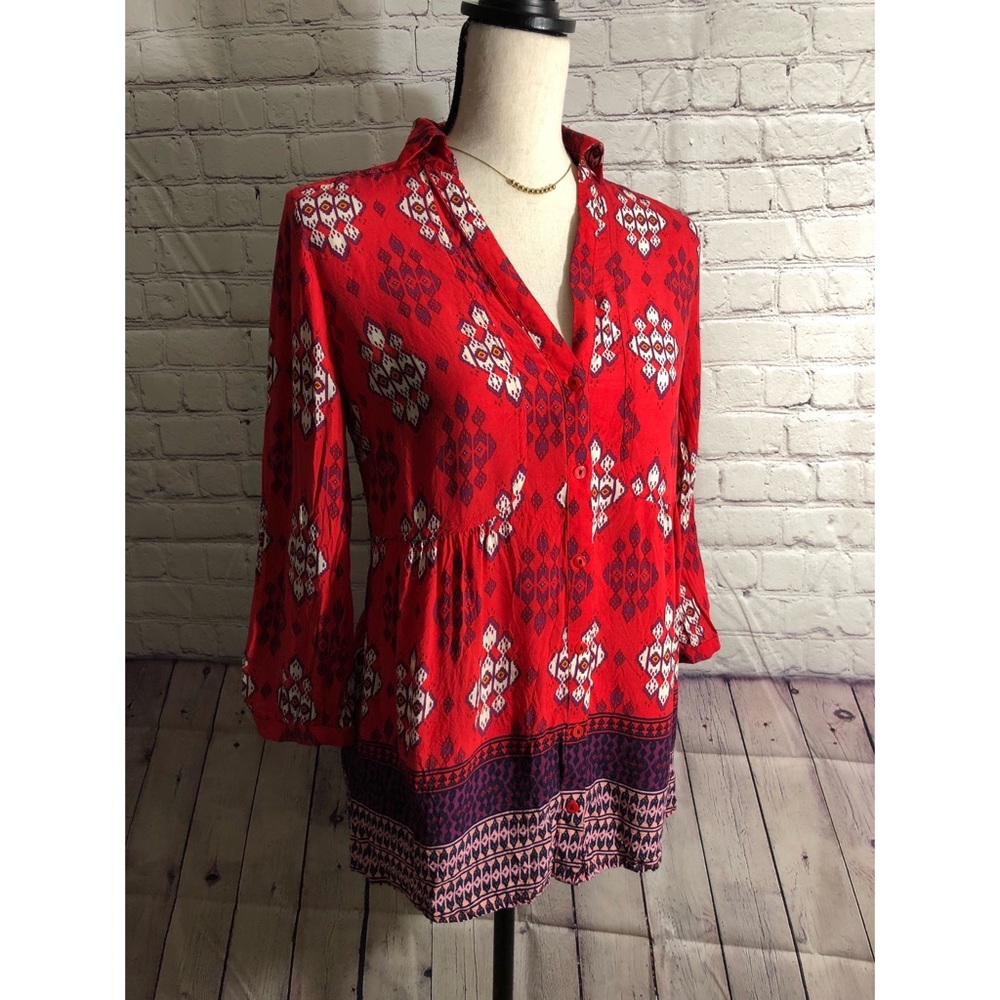 Maeve For Anthropologie Red Long Sleeve Blouse